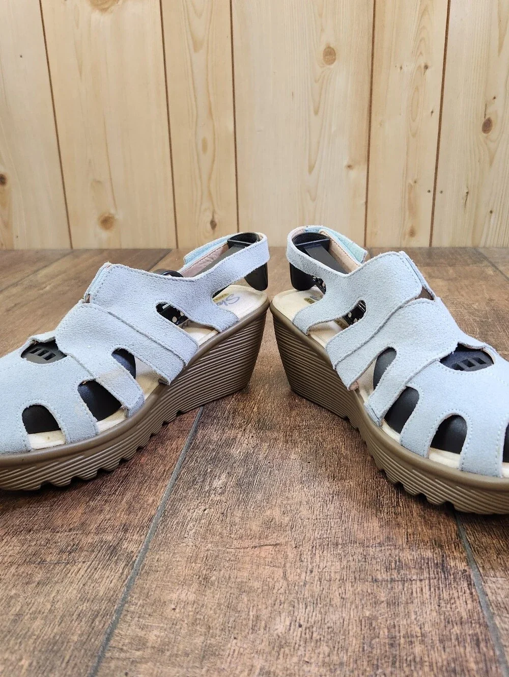 Skechers Parallel Stylin Suede Wedge Peep Toe Casual Comfort Sandals Blue 8.5